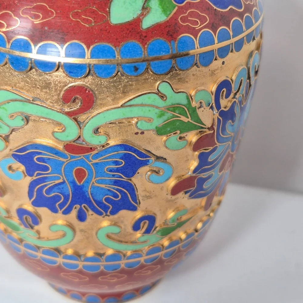 Vintage Chinese Jingfa Cloisonné Bud Vase Blue Aqua Rust Green Deep Cut 5.5